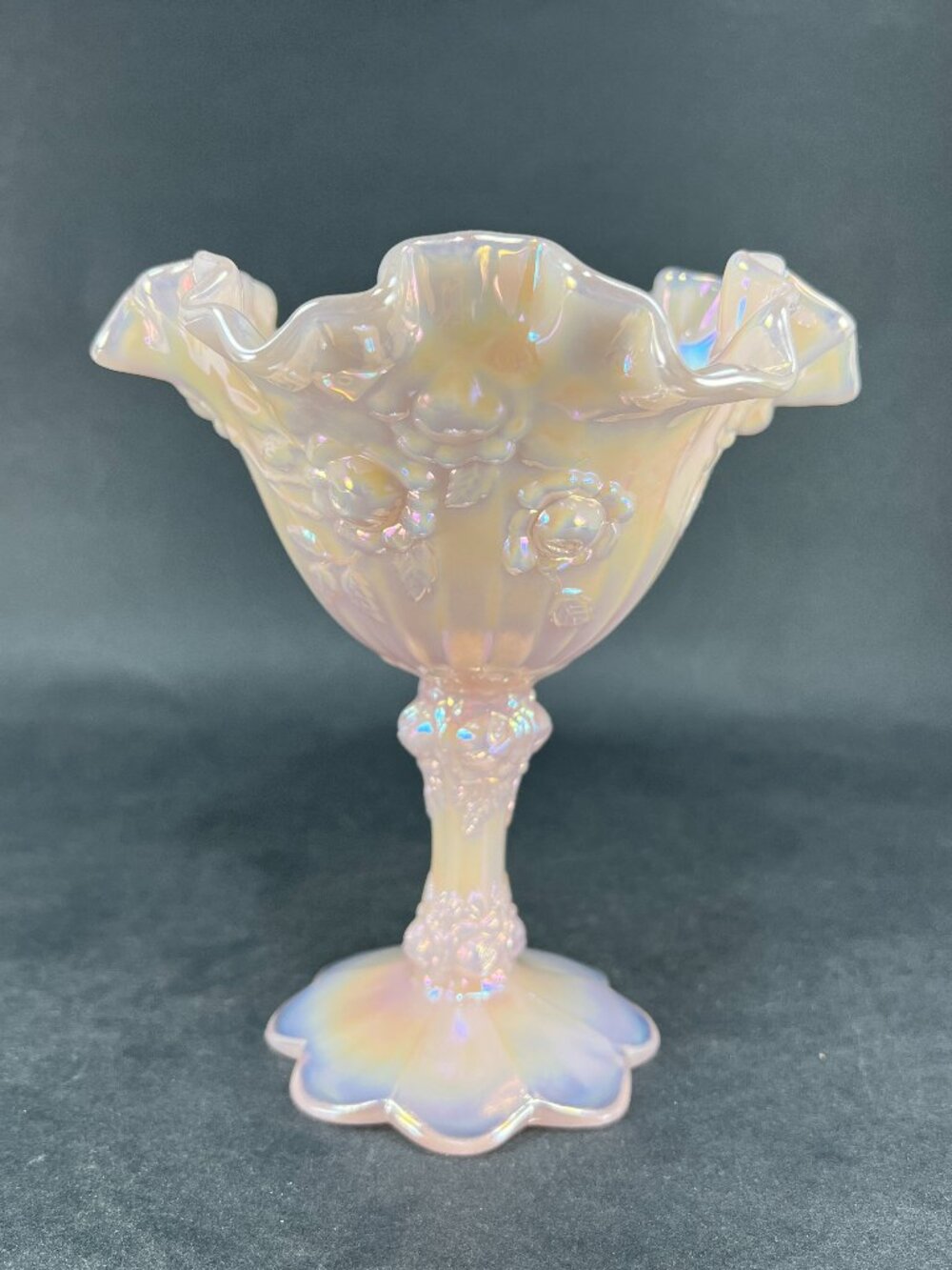 Vtg Fenton Art Glass Pink Iridescent Opalescent Cabbage Rose Footed Compote Bowl